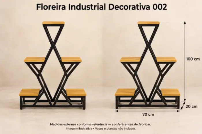 Floreira industrial com 5 apoios e design geométrico