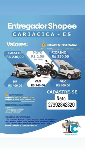 Vaga para entregador com carro próprio.