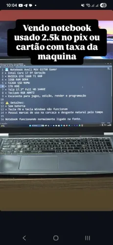 Notebook Avell Muv G1750 i7 32gb ram gtx 1660ti ssd