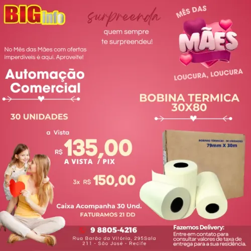 Bobinas Térmica Para Cupom Fiscal 80 X 30m Kit 30 Unidades