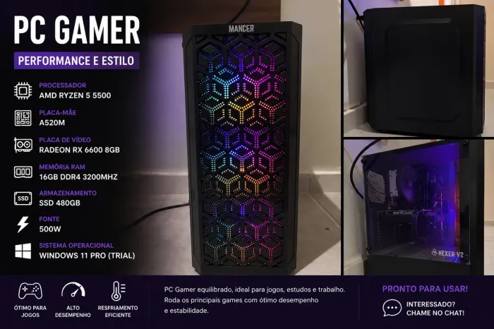 PC Gamer Ryzen 5 5500 | RX 6600 8GB | 16GB DDR4 | SSD 480GB | Windows 11