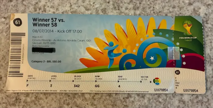 Ingresso da semifinal da copa 2014: Brasil 1 x Alemanha 7