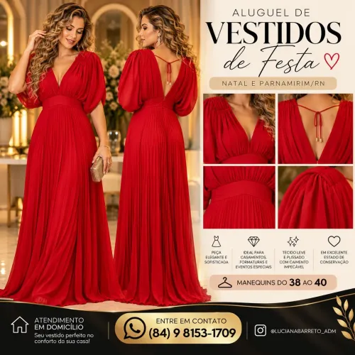 Aluguel de Vestido Longo Vermelho Plissado - Festa e Formatura