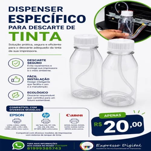 Dispenser específico para descarte de tinta, compatível para vários modelos de impressoras