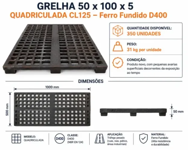 Grelha 50 x 100 x 5 Quadriculada CL125 de Ferro Fundido D400