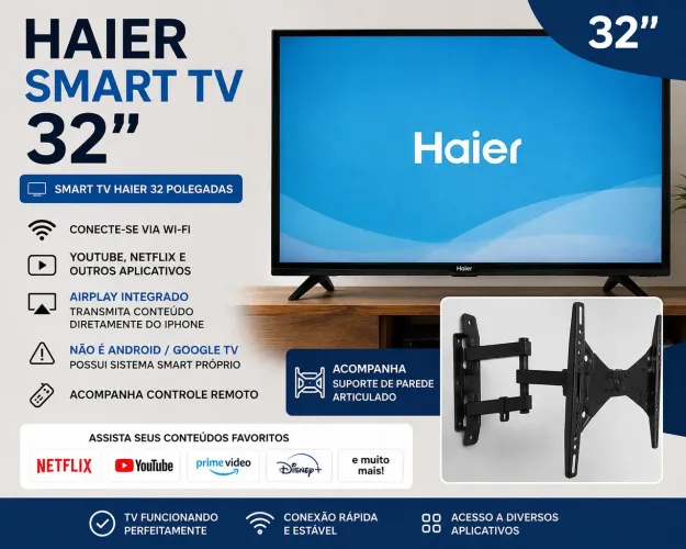 Smart TV Haier 32 com AirPlay + Suporte de Parede