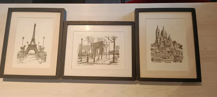 Trio de Quadros Gravura Paris - parede ou com suporte em pé 