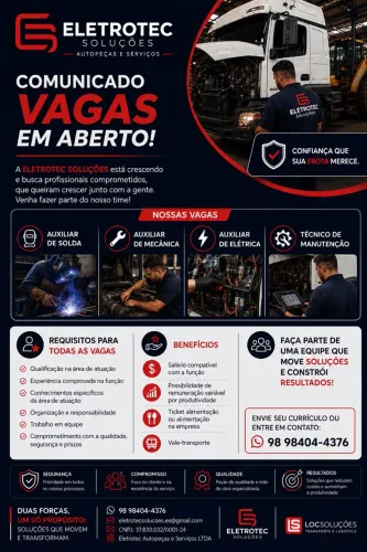 Temos Vagas Mecânico Eletricista e Soldador