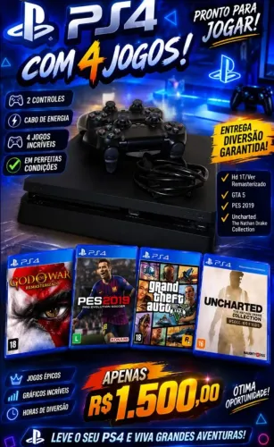 PS 4 HD 1 Tera 2 controles 4 jogos mídia física.