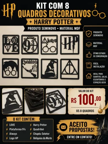 KIT COM 8 QUADROS DECORATIVOS - HARRY POTTER