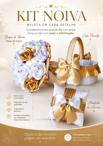 Kit Casamento, Buquê de Noiva, Cesta Florista e Almofada de Aliança