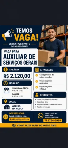 VAGA: AUXILIAR DE SERVIÇOS GERAIS - GALPÃO NA MOOCA