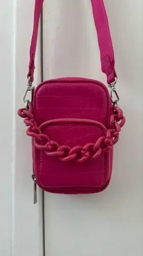 Bolsa Shoulder Bag de Couro Rosa Estampa Croco