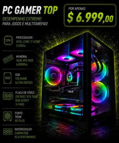 [DDR5] CPU Gamer Core i7 14700F 5.4Ghz / Mem 16Gb / SSD 1Tb / RTX 5060 8Gb (aceito cartão)