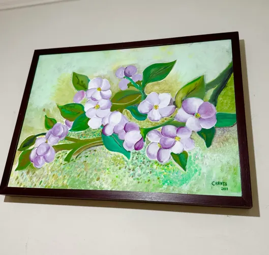 Quadro Decorativo Floral Pintado à Mão com Moldura de Madeira