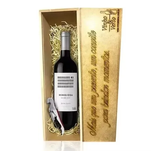  Kit Presente Vinho Argentino Hinojosa Malbec + Abridor + Caixa mdf