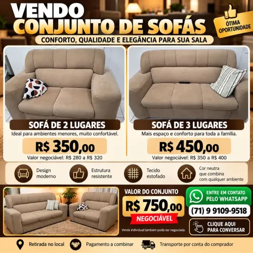 Conjunto de Sofás 2 e 3 Lugares Bege - Usados e Conservados