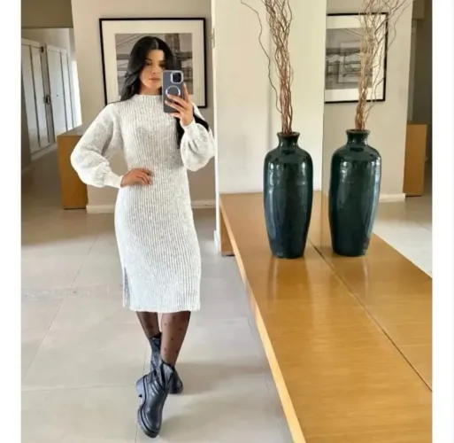Vestido De Tricot Graça Canelado Midi Com Fendas