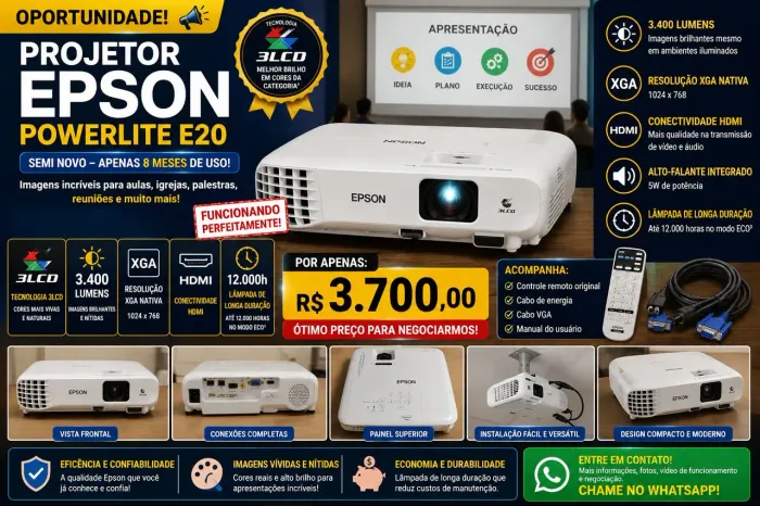 Projetor Epson PowerLite E20, 3.400 lumes - Semi Novo