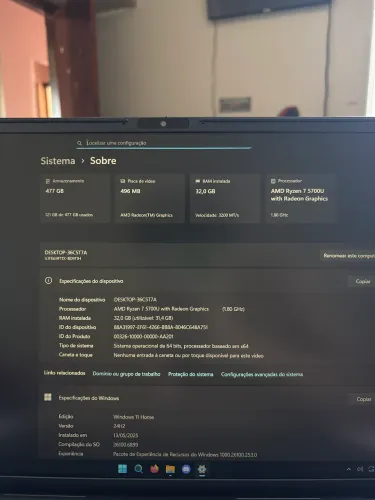 Notebook VAIO FE16 AMD Ryzen 7 5700U Windows 11 32GB RAM 512gb sdd