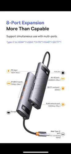 Hub Baseus Adaptador Para Ipad, Notebook e PC. Entrada USB-C