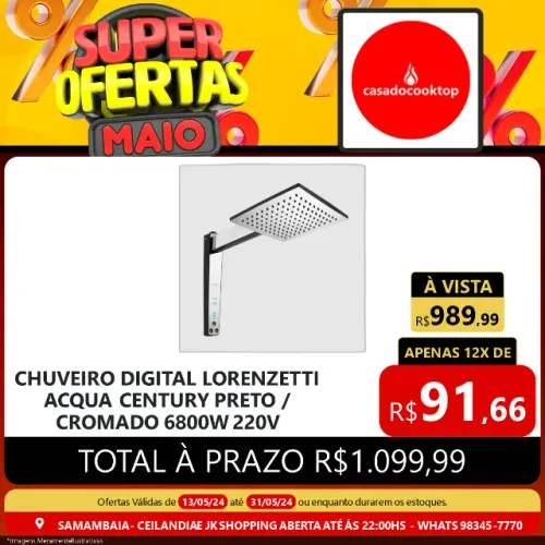 Chuveiro digital lorenzetti acqua century preto/cromado 6800w 220v