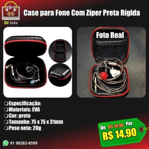 Case para Fone Com Zíper Preta Rígida