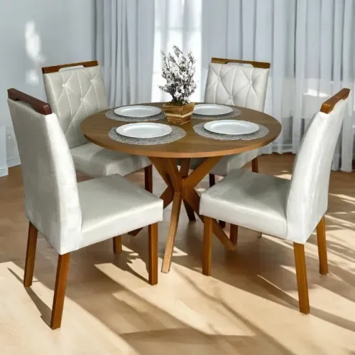 Mesa de Jantar Redonda Simpatia 108 com 4 Cadeiras  Veludo- Produto Novo 
