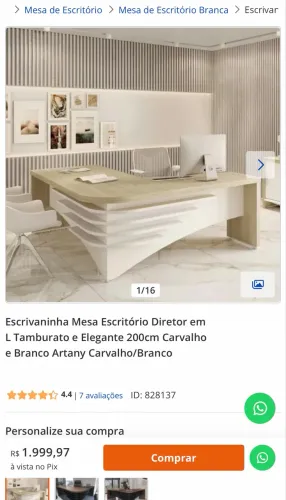 Vendo mesa de escritório modelo Diretor em L da Artany, na cor Carvalho/Branco.