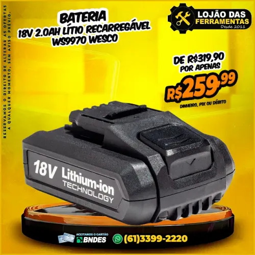 Bateria 18v 2.0Ah Lítio Recarregável Ws9970 Wesco