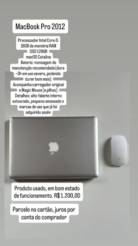 Macbook Pro 2012 Intel I5 13 Polegadas 16GB RAM SSD 128GB + Magic Mouse