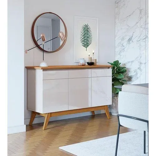 Buffet Aparador 3 Portas Com Pés em Madeira Maciça e Tampo MDF Off / Nature - Imcal <br><br>