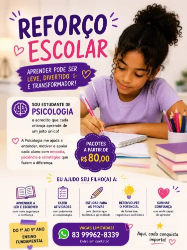 Reforço Escolar Infantil | 1º ao 5º ano | Pacotes a partir de R$80
