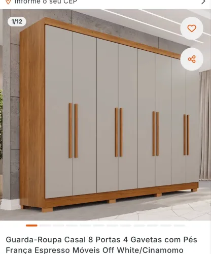 Guarda-Roupa Casal 8 Portas 4 Gavetas com Pés França Espresso Móveis Cinamomo/Off White