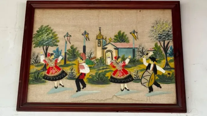 Quadro Português Antigo Década de 60 - Arte Têxtil Artesanal Original de Portugal