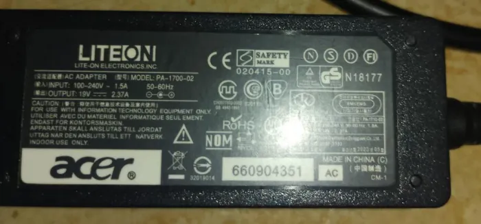 Carregador Fonte Notebook Acer Original 19V 2.37A 45W - Lite-On PA-1700-02