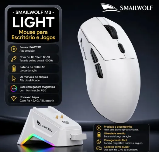Mouse Gamer + Dock de Carregamento Sem Fio Smailwolf M3 Tri Mode Paw3311 12000dpi Branco