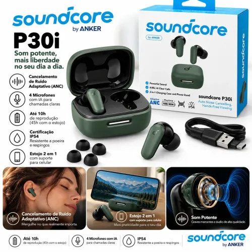 Fone Bluetooth Soundcore P30i Anker ANC 45h Verde Original