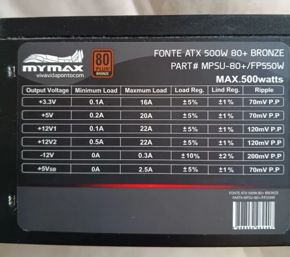 Fonte Mymax ATX 500W 80 Plus Bronze