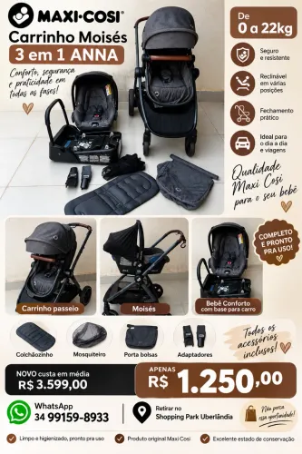 Carrinho Moisés 3 em 1 Anna Maxi Cosi completo