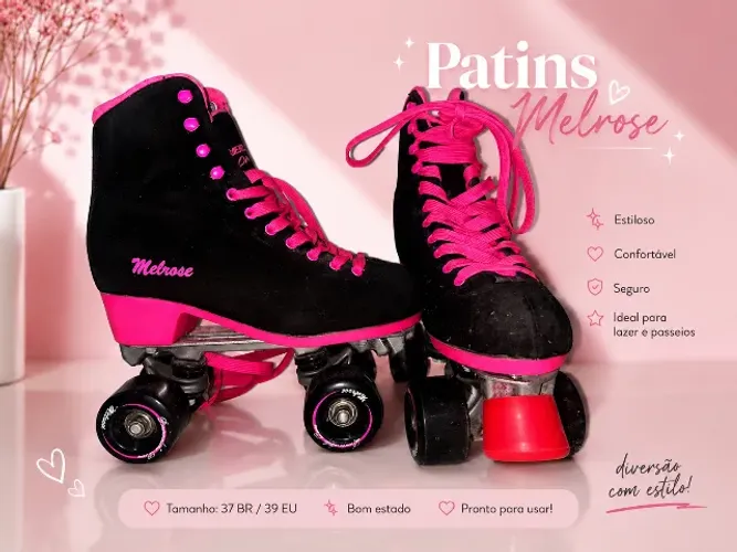 Patins Retrô Melrose Preto e Rosa Tam. 37 (39 EU)