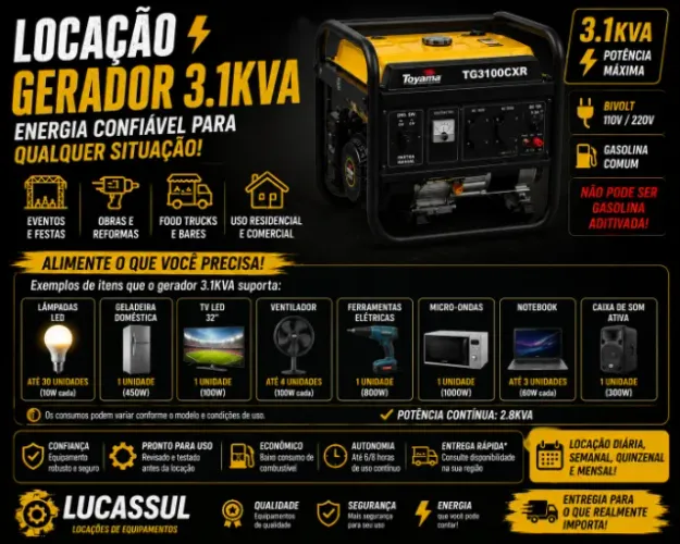 Locação Gerador 3.1KVA Toyama TG3100CXR | Bivolt 110/220