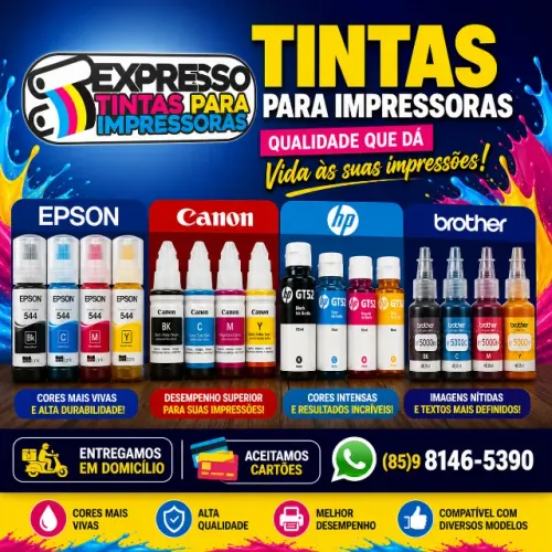 Tinta Epson Canon HP e Brother. Fale Conosco. Fazemos Entregas. Aceitamos Cartões.