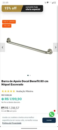 Barra de apoio Docol benefit 80cm níquel escovado