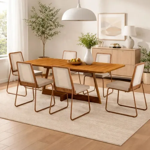 Mesa de Jantar Atria 160x90cm com 6 Cadeiras Wood em Aço e Mdf Tecido Linho  _ pronta entr