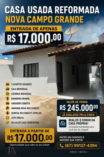 Casa reformada á venda com 2 quartos, entrada R$17.000,00 no Nova Campo Grande em Campo Gr
