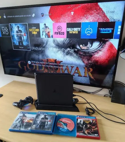 PS4 COM 4 JOGOS 1 CONTROLE ORIGINAL + BASE PARA REFRESCA O PS4