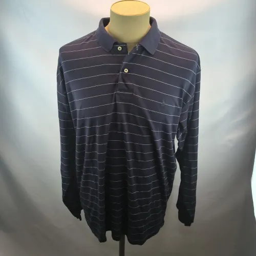 Camisa Ralph Lauren gola polo masculina GG azul marinho listras cinza 