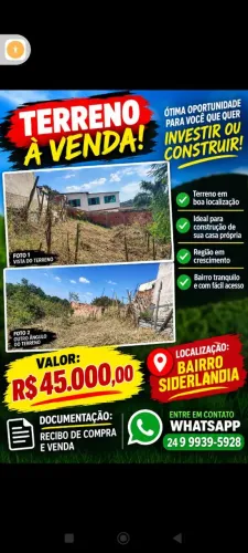 Vendo Lote no 5 por 12  SIDERLÂNDIA 