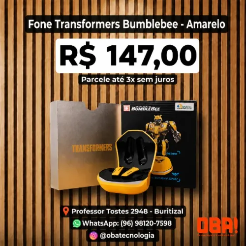 Fone Bluetooth transformers BumbleBee amarelo com carregador